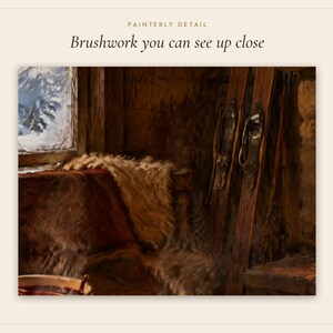 May include: An oil painting titled PAINTERLY DETAIL Brushwork you can see up close, depicting a rustic interior with a fur-covered bench, a window showing a snowy landscape, and a pair of wooden skis leaning against a dark wall.
