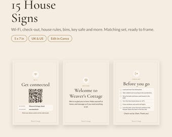 15 Airbnb House Signs Template | Wifi Sign with QR, Check Out Sign, House Rules Sign | Vacation Rental Signs Bundle | Canva | UK & US