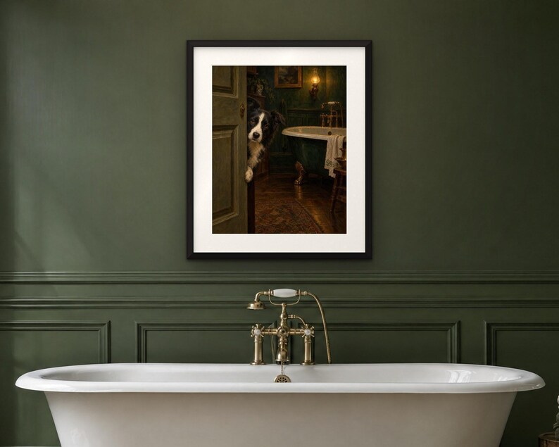 Décoration murale pour salle de bain : Border Collie, reproduction d'une peinture à l'huile représentant un chien qui jette un coup d'œil amusant (téléchargement numérique) image 4