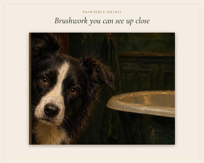 Décoration murale pour salle de bain : Border Collie, reproduction d'une peinture à l'huile représentant un chien qui jette un coup d'œil amusant (téléchargement numérique) image 5