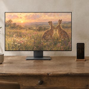 May include: A computer monitor displaying a painting of two brown hares sitting in a wildflower meadow at sunset. The screen features a landscape with rolling hills, golden light, and colorful flowers. The monitor has a thin black frame and a stand.