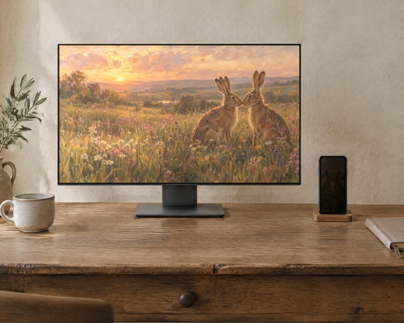 May include: A computer monitor displaying a painting of two brown hares sitting in a wildflower meadow at sunset. The screen features a landscape with rolling hills, golden light, and colorful flowers. The monitor has a thin black frame and a stand.