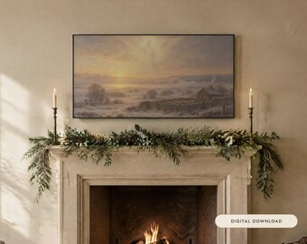 May include: A rectangular landscape painting featuring a snowy countryside scene with a small house, stone walls, and a glowing sunrise, displayed above a fireplace mantel decorated with a green pine garland and two tall brass candlesticks.
