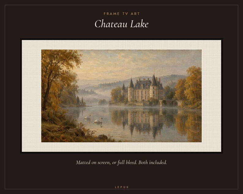Frame TV Art: Chateau Lake, antiek landschap olieverfschilderij (digitale download) afbeelding 3