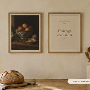 Bowl of Eggs Kitchen Print Set of 2 | Vintage Still Life Oil Painting and Kitchen Rule Quote | Cottage Kitchen Wall Art | Digital Download