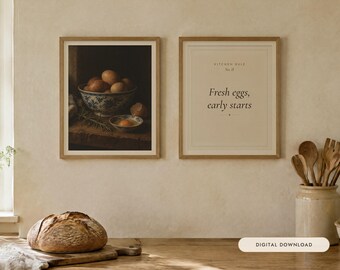 Bowl of Eggs Kitchen Print Set of 2 | Vintage Still Life Oil Painting and Kitchen Rule Quote | Cottage Kitchen Wall Art | Digital Download