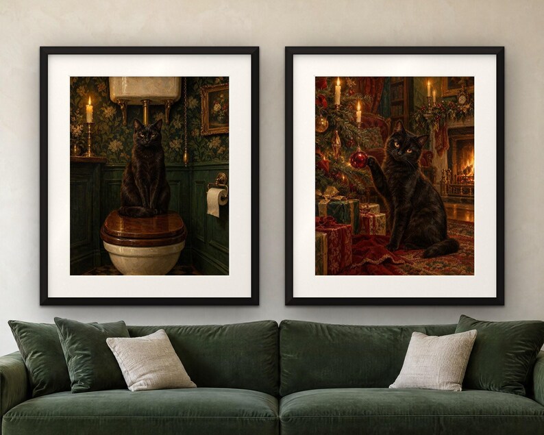 Pu&ograve; includere: Due stampe artistiche incorniciate appese sopra un divano verde. La stampa a sinistra mostra un gatto nero seduto su un water in un bagno verde scuro. La stampa a destra mostra un gatto nero vicino a un albero di Natale, che tiene una pallina rossa.