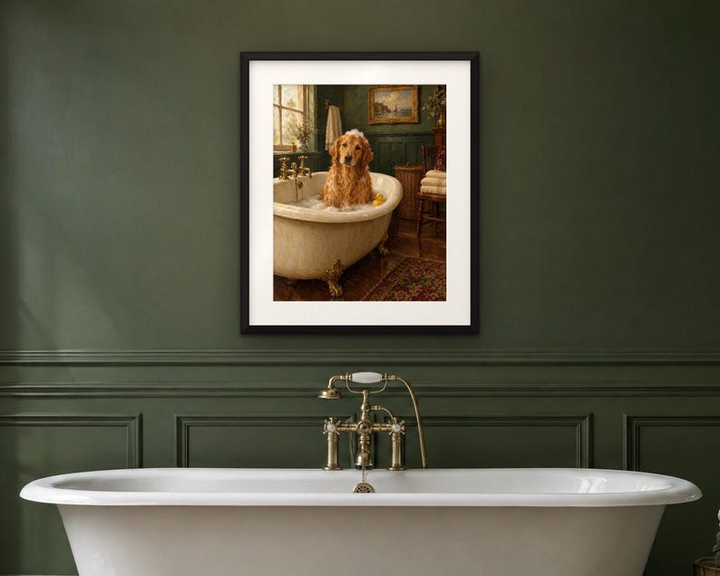 Golden Retriever Bathroom Wall Art, Funny Vintage Oil Painting Print, Dog Lover Gift (Digital Download) image 4