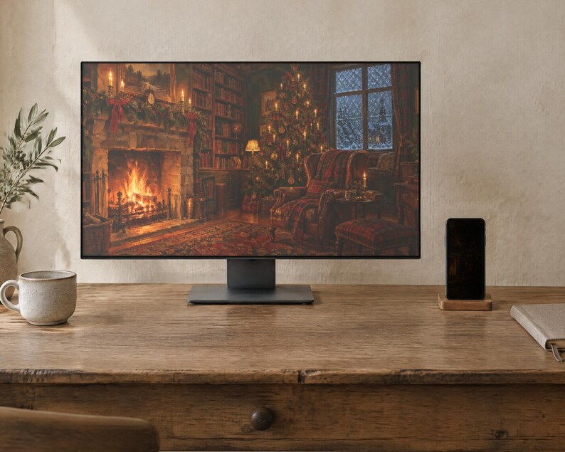 May include: A computer monitor displaying a cozy room with a fireplace and a Christmas tree, placed on a wooden desk next to a ceramic mug, a smartphone on a wooden stand, and a notebook. The monitor has a thin black frame and a dark base.