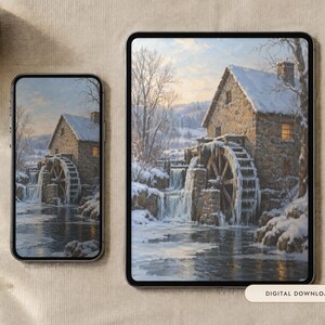 Tapeta Frozen Mill | Zimowe tło olejne na telefon, iPada i komputer | Estetyka Starego Świata | Pobieranie cyfrowe