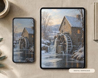 Bevroren molenbehang | Olieverfschilderij winterachtergrond voor telefoon, iPad en desktop | Oude wereldse esthetiek | Digitale download
