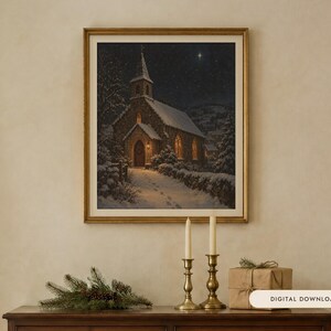 Silent Night Print, Snowy Church Christmas Oil Painting, Christian Wall Art (Digital Download) image 1