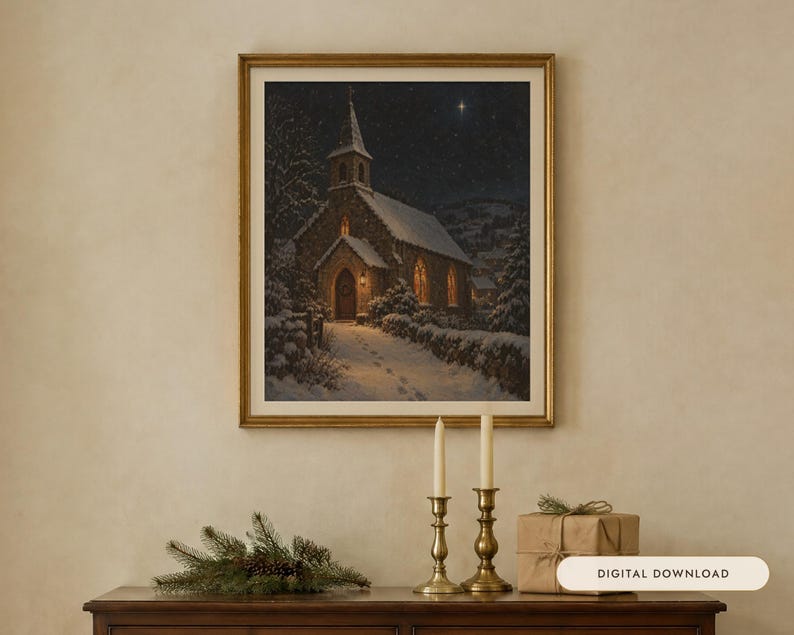 Silent Night Print, Snowy Church Christmas Oil Painting, Christian Wall Art (Digital Download) image 1