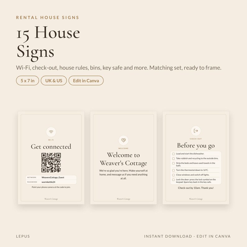 15 Airbnb House Signs Template | Wifi Sign with QR, Check Out Sign, House Rules Sign | Vacation Rental Signs Bundle | Canva | UK & US image 2