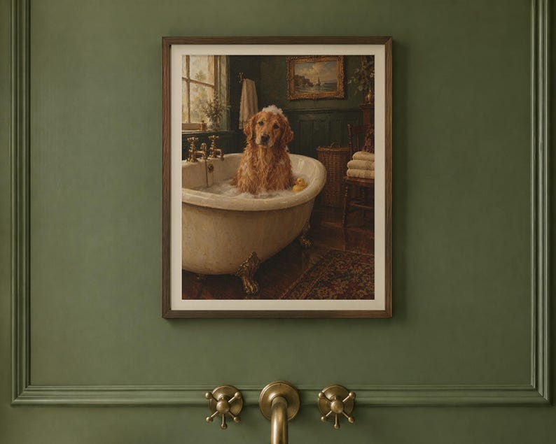 Golden Retriever Bathroom Wall Art, Funny Vintage Oil Painting Print, Dog Lover Gift (Digital Download) image 2