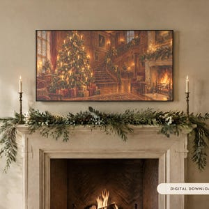May include: A rectangular wall art print depicting a grand interior with a lit Christmas tree, wrapped gifts, a staircase, and a fireplace. The print is displayed above a stone fireplace mantel adorned with a green pine garland and two tall brass candlesticks.