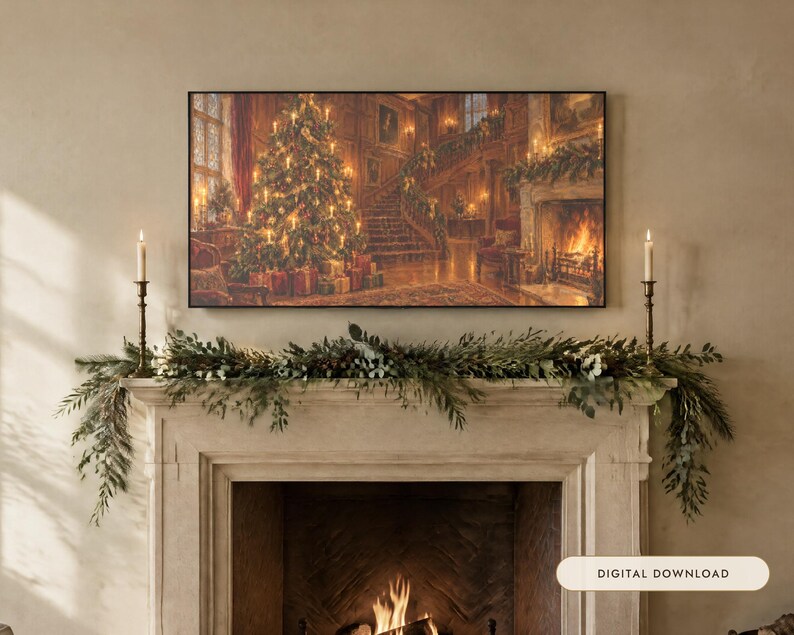 May include: A rectangular wall art print depicting a grand interior with a lit Christmas tree, wrapped gifts, a staircase, and a fireplace. The print is displayed above a stone fireplace mantel adorned with a green pine garland and two tall brass candlesticks.