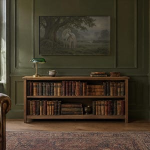 May include: A wooden bookshelf with two shelves filled with antique books, topped with a green glass banker lamp and a small ceramic bowl. The unit is positioned against a dark olive green paneled wall beneath a framed landscape painting.