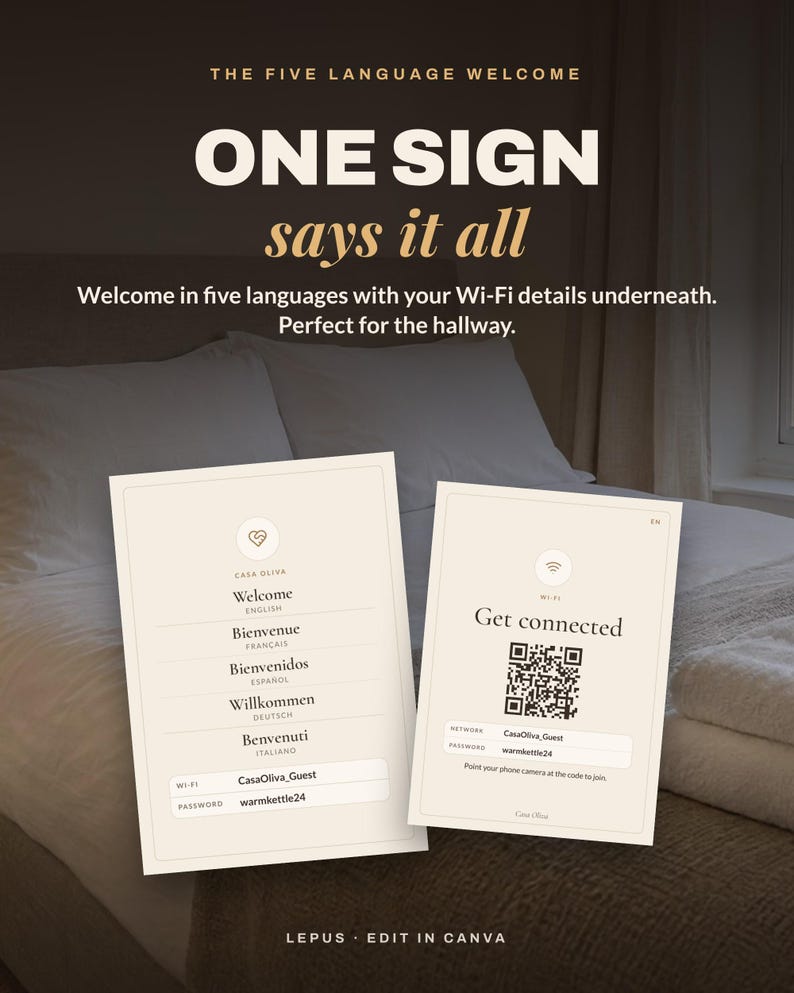 Multilingual Airbnb Signs Template, House Rules, Wi-Fi Sign, Check Out Sign in English French Spanish German Italian, Editable Canva image 3