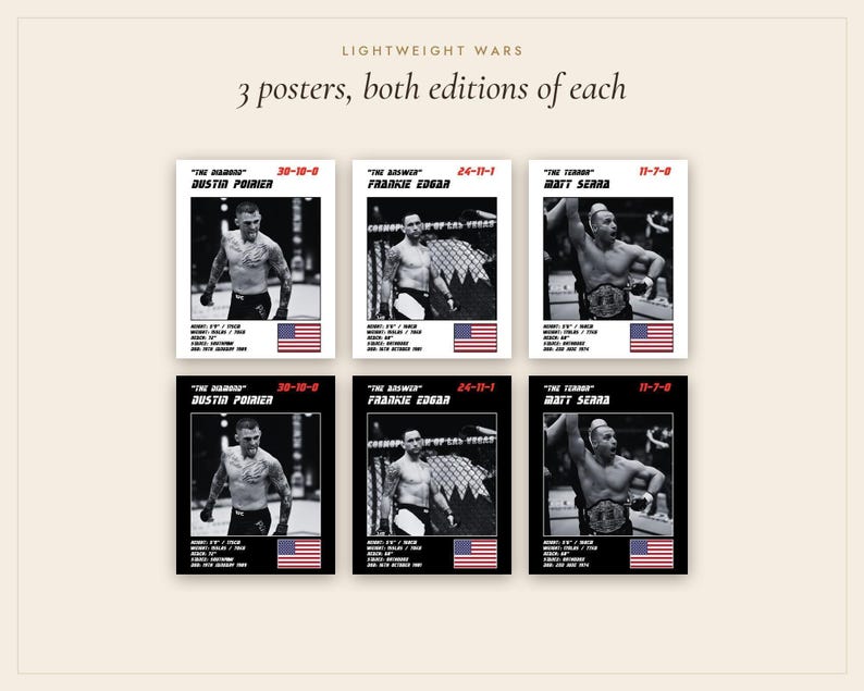 MMA Poster Set of 3 | Lightweight Wars | Dustin Poirier, Frankie Edgar, Matt Serra | Fight Wall Art | Digital Download image 4