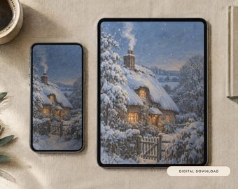 May include: A smartphone and a tablet displaying a digital illustration of a snow-covered cottage with a smoking chimney at twilight. The scene features a thatched roof, glowing windows, and a wooden gate surrounded by trees. Text reads DIGITAL DOWNLOAD.