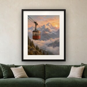 Red Cable Car Print, Vintage Alpine Oil Painting, Ski Wall Art (Digital Download) image 4