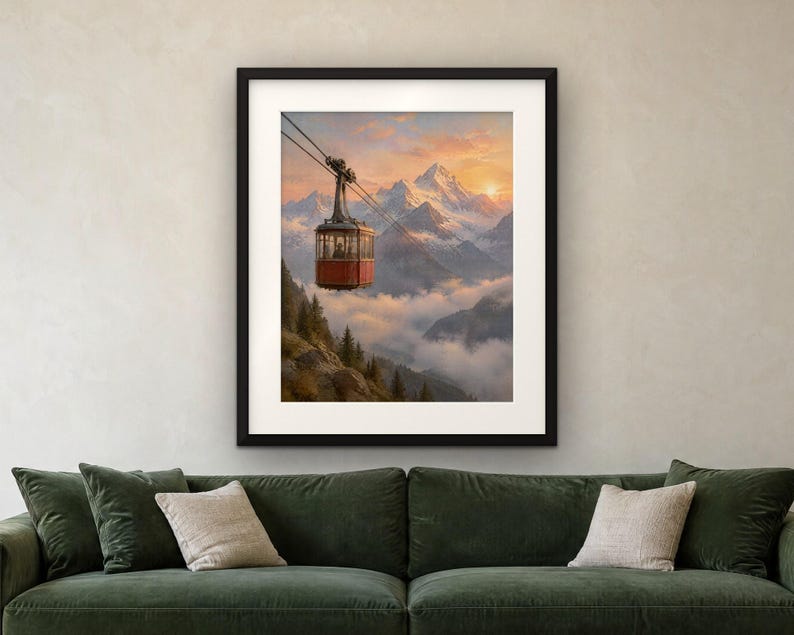Red Cable Car Print, Vintage Alpine Oil Painting, Ski Wall Art (Digital Download) image 4