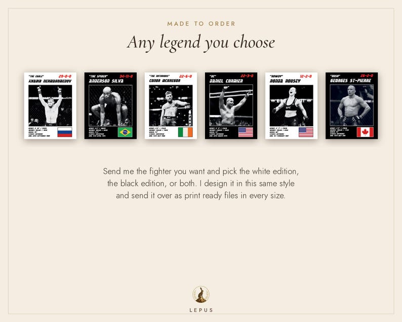 May include: Six rectangular trading card-style prints featuring black and white photographs of mixed martial arts fighters. Each card includes the fighter's name, nickname, record, and national flag. Text reads: MADE TO ORDER Any legend you choose.