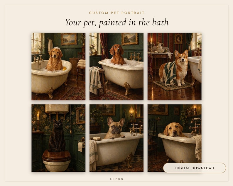 May include: A collection of six digital portraits featuring various dog breeds and a black cat in vintage-style bathrooms. The text reads: CUSTOM PET PORTRAIT, Your pet, painted in the bath, and DIGITAL DOWNLOAD. The images show pets in clawfoot tubs or sitting on a toilet.