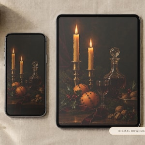 Christmas Still Life Wallpaper | Oil Painting Christmas Phone, iPad and Desktop Background | Cozy Dark Academia Aesthetic | Digital Download image 1