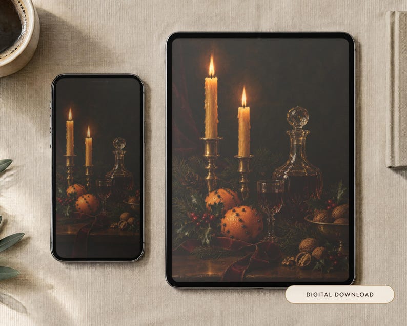 Christmas Still Life Wallpaper | Oil Painting Christmas Phone, iPad and Desktop Background | Cozy Dark Academia Aesthetic | Digital Download image 1
