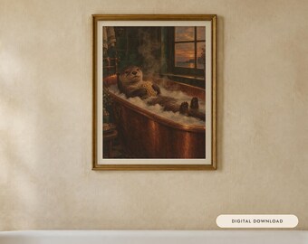 May include: A framed wall art print depicting a brown otter relaxing in a copper-colored clawfoot bathtub filled with white bubbles. Steam rises from the water, and a window in the background shows a sunset over a body of water.