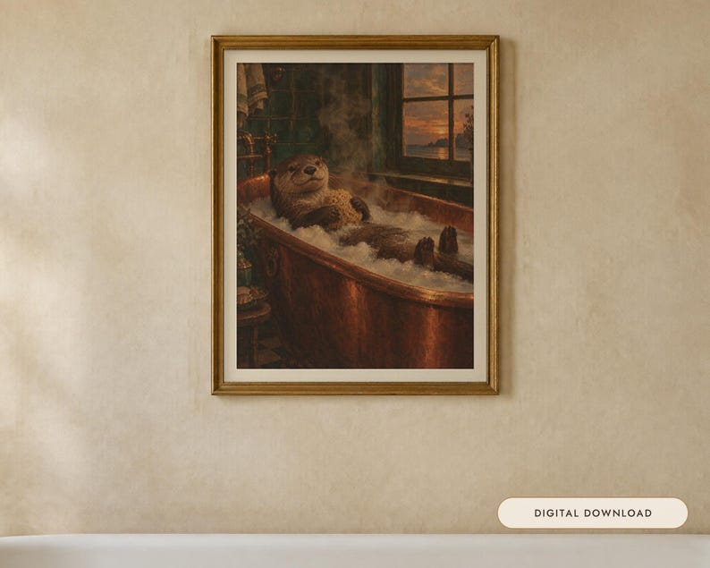 Otter in the Bath Print | Funny Bathroom Wall Art | Vintage Animal Oil Painting | Bath before bed | Digital Download image 1