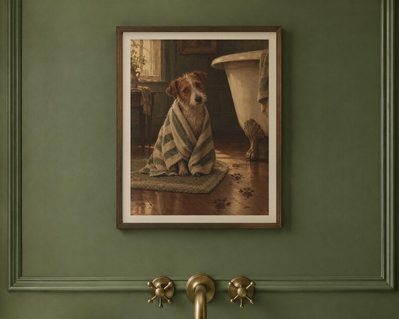 May include: A framed wall art print depicting a brown and white terrier dog wrapped in a striped towel, sitting on a rug in a bathroom next to a clawfoot tub. Dark paw prints are visible on the wooden floorboards leading away from the dog.