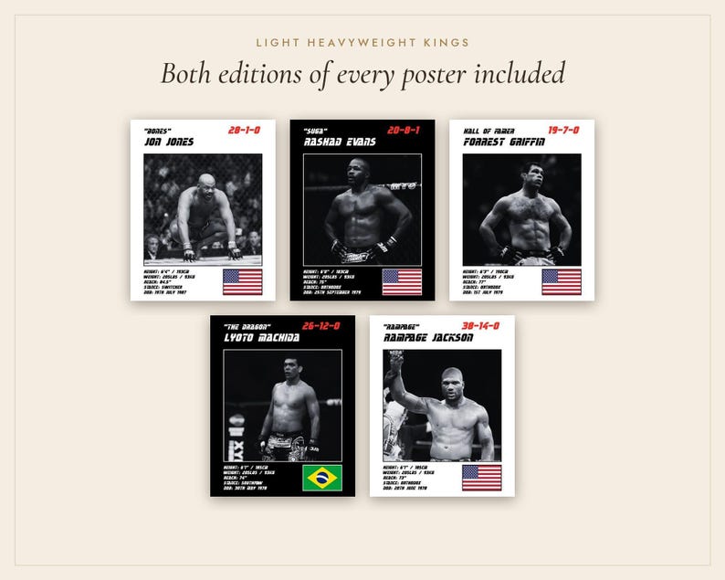 MMA Poster Set of 5 | Light Heavyweight Kings | Jon Jones, Evans, Griffin, Machida, Rampage | Fight Wall Art | Digital Download image 4