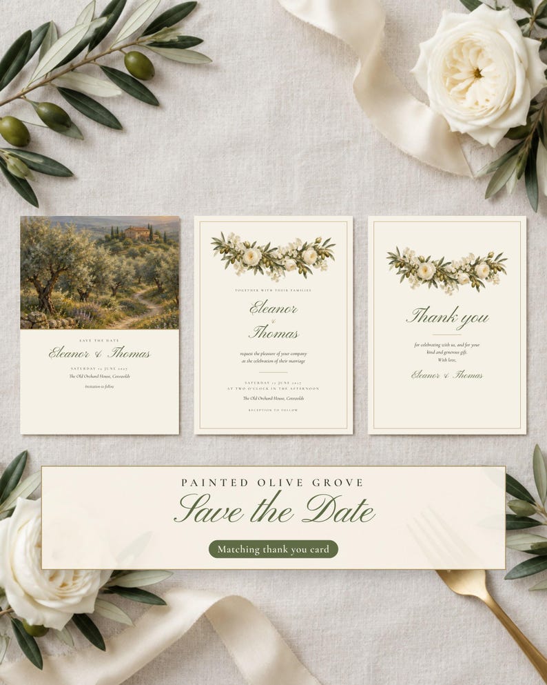 Painted Olive Wedding Invitation Template Suite, Save the Date, RSVP Card, Details Card, Editable Canva Invitation, 5x7 image 3