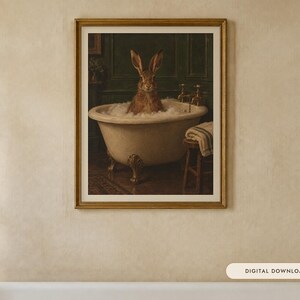 Hare in the Bath Print | Funny Bathroom Wall Art | Vintage Animal Oil Painting | Take your time darling | Digital Download