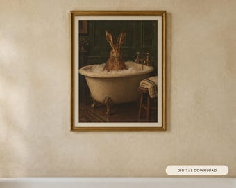Hare in the Bath Print | Funny Bathroom Wall Art | Vintage Animal Oil Painting | Take your time darling | Digital Download