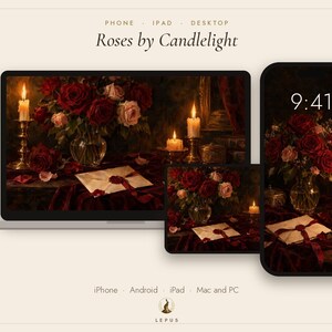 May include: Digital wallpaper set titled Roses by Candlelight displayed on a desktop monitor, tablet, and smartphone. The image features a bouquet of red and pink roses in a glass vase, lit candles, and a sealed envelope on a dark velvet cloth.