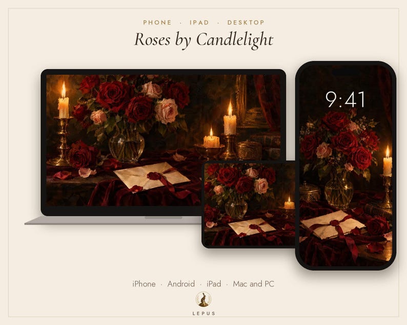 May include: Digital wallpaper set titled Roses by Candlelight displayed on a desktop monitor, tablet, and smartphone. The image features a bouquet of red and pink roses in a glass vase, lit candles, and a sealed envelope on a dark velvet cloth.