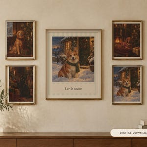 Christmas Dog and Cat Prints Set of 4, Vintage Oil Paintings (Digital Download)