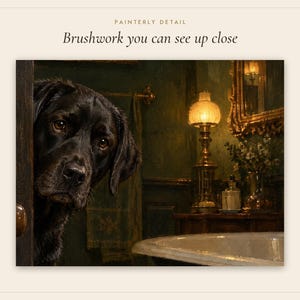 Tableau pour salle de bain représentant un labrador noir, reproduction d'une peinture à l'huile avec un chien qui jette un coup d'œil (téléchargement numérique) image 5