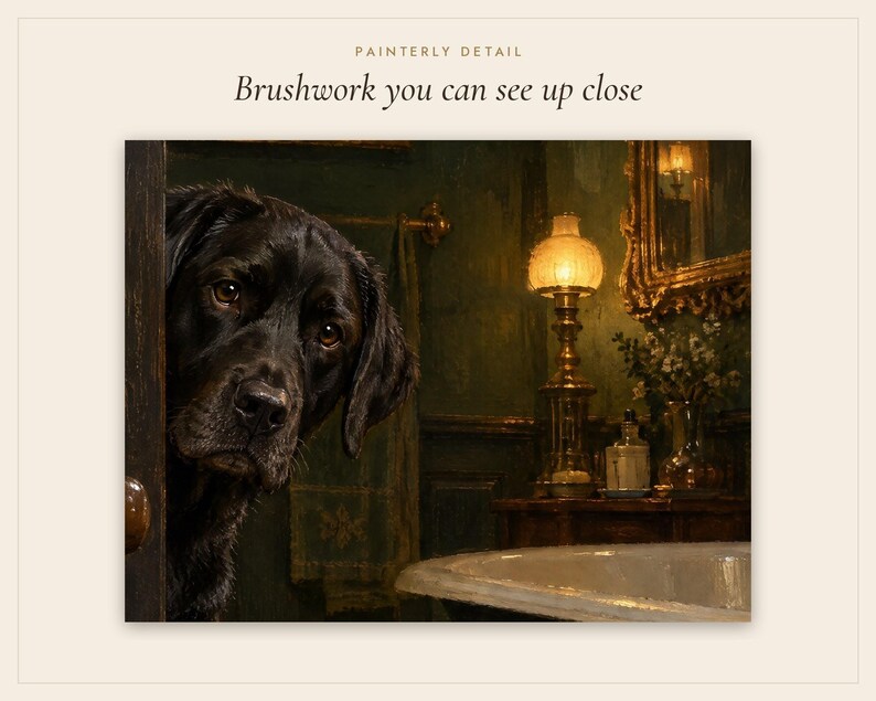 Tableau pour salle de bain représentant un labrador noir, reproduction d'une peinture à l'huile avec un chien qui jette un coup d'œil (téléchargement numérique) image 5