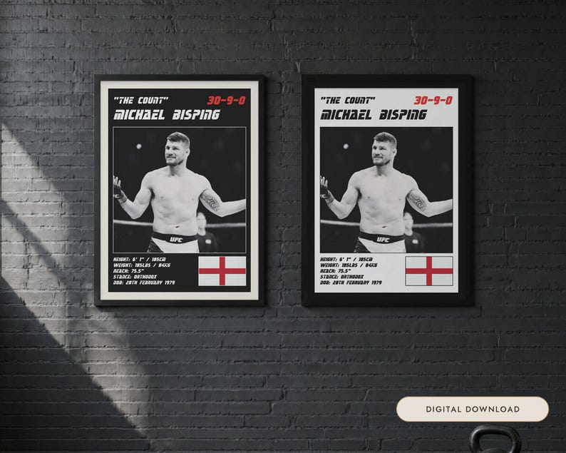 May include: Two identical framed posters featuring a black and white photograph of Michael Bisping with the text "The Count" 30-9-0, Michael Bisping, and his physical stats including height 6' 1", weight 185lbs, reach 75.5", stance orthodox, and DOB 28th February 1979.
