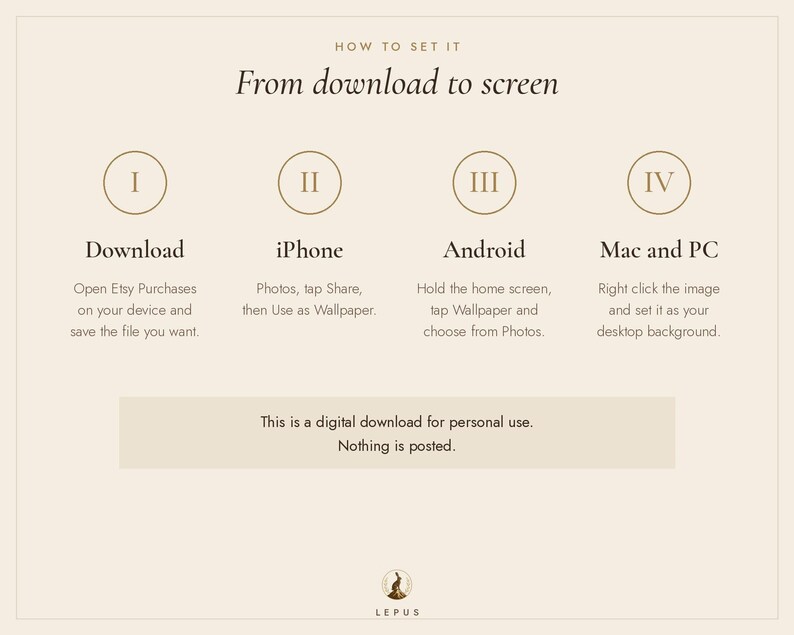 May include: An instructional graphic titled How to set it: From download to screen. It outlines four steps for setting digital wallpapers on iPhone, Android, Mac, and PC. A note states this is a digital download for personal use, nothing is posted.