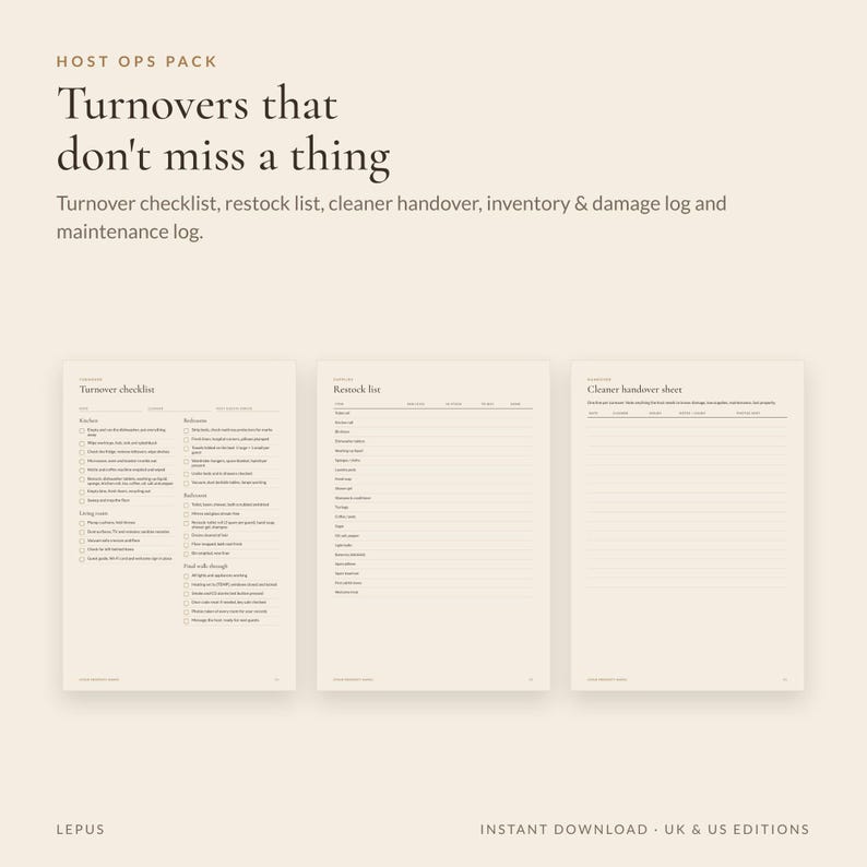 Airbnb Cleaning Checklist Printable | Turnover Checklist, Restock List, Cleaner Handover, Damage Log | Vacation Rental Ops Pack | UK & US image 3