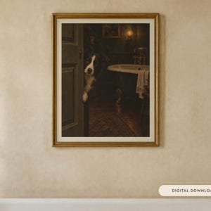 Décoration murale pour salle de bain : Border Collie, reproduction d'une peinture à l'huile représentant un chien qui jette un coup d'œil amusant (téléchargement numérique) image 1