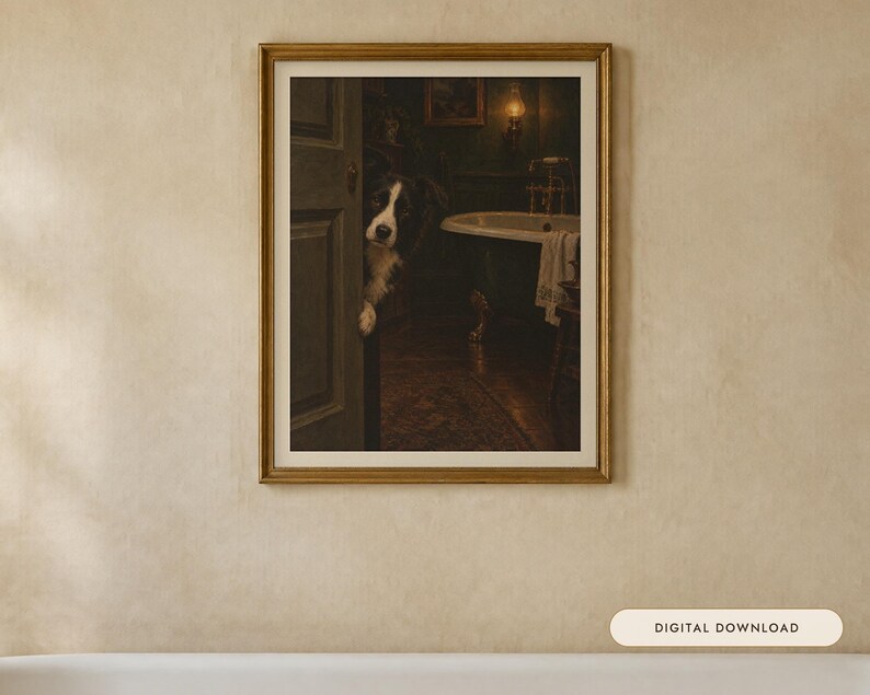 Décoration murale pour salle de bain : Border Collie, reproduction d'une peinture à l'huile représentant un chien qui jette un coup d'œil amusant (téléchargement numérique) image 1