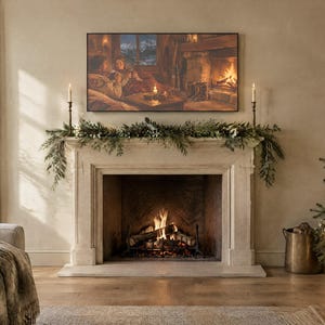 May include: A stone fireplace mantel decorated with a green pine garland and two tall candlesticks. Above the mantel hangs a rectangular television displaying a painting of two people sitting by a fireplace in a snowy cabin setting.