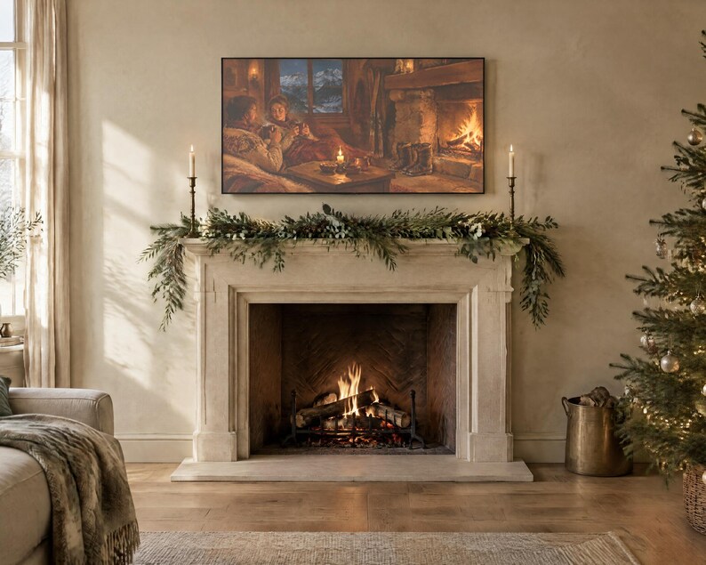 May include: A stone fireplace mantel decorated with a green pine garland and two tall candlesticks. Above the mantel hangs a rectangular television displaying a painting of two people sitting by a fireplace in a snowy cabin setting.